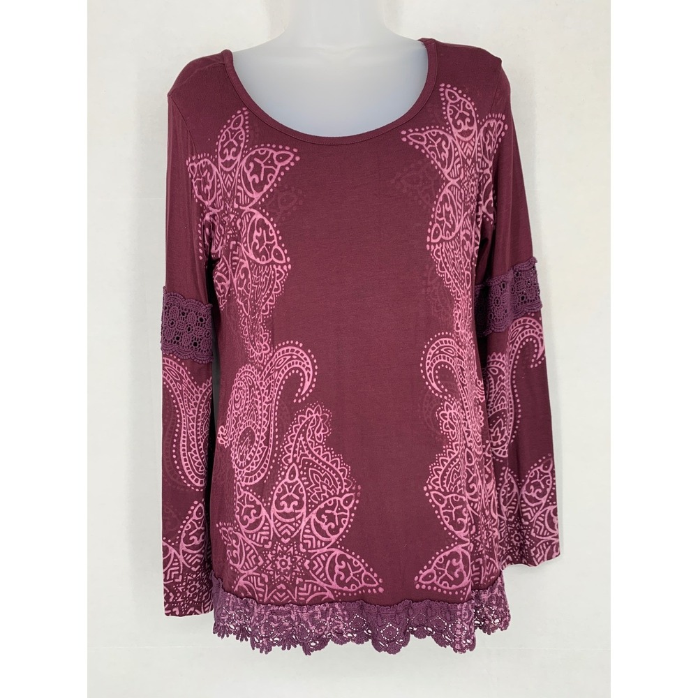 Indigo Thread Co. Medium Burgundy Batik-Look  Lace Trim Boho Top Festival